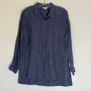 Eileen Fisher Top Womens Small Blue Chambray Organic Linen Button Up Classic S